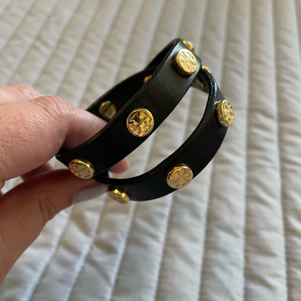 Tory Burch Black Leather Wrap Bracelet with Gold Medallions